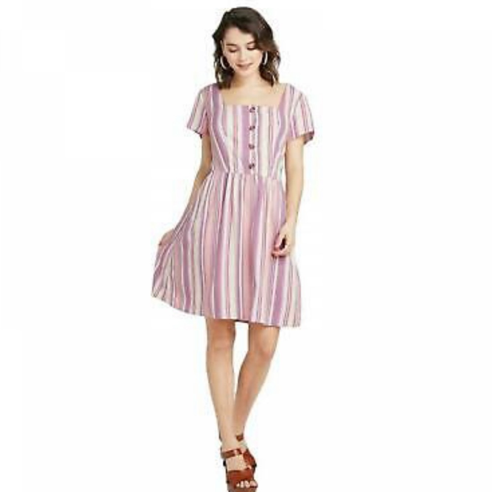 Women's Striped Short Sleeve Button-front Mini Dress Pink Medium